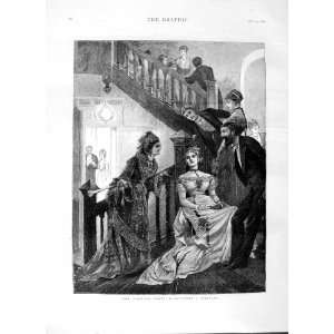  1876 EVENING PARTY ROMANCE STAIRS MEN WOMEN OLD PRINT 