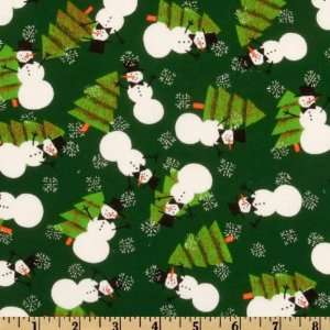  44 Wide Snowmen & Tree Toss Green Fabric By The Yard 