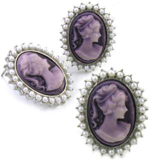 White Pearl Violet Purple Cameo Stud Post Earrings e129  