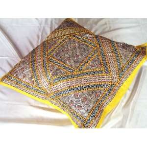  Yellow Zardozi Indian Floor Sari Pillow Cushion Cover 