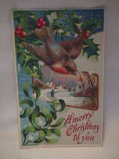 Vintage J L W Christmas Robin Bird & Holly Postcard Used  