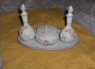 Vintage 7Pc White Porcelain Perfume Bottles Pink Roses Vanity Set 