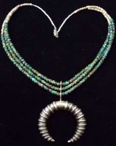 Vntg Old Pawn SIGNED Silver +Turquoise Heishi Shell Sandcast NAJA 