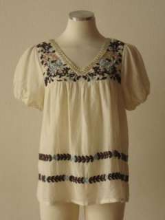 Anthropologie Hazel cream floral embroidered puff sleeve peasant 