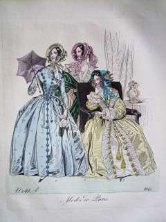 Damen mit Sonnenschirm und Hut Biedermeier Mode Paris Kupferstich 1840 