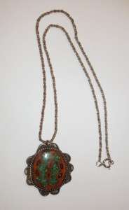 VINTAGE INDIAN SILVER & TURQUOISE INLAID WALNUT SHELL PENDANT NECKLACE 
