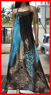  leopard Boho beach hawaiian halter smocked maxi long dress blue S M