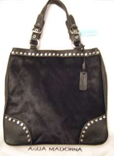 Aqua Madonna Black Leather & Calf Hair Tote Bag   NWT  