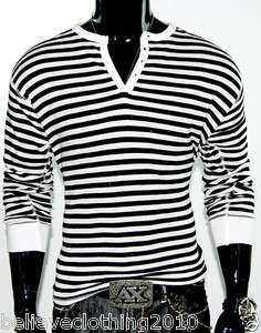  MENS JC WHITE & BLACK STRIPED BUTTON NECK LONG SLEEVE MUSCLE THERMAL 
