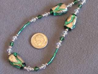 Vintage Kramer Green Volcano Foil and Swarovski Crystal Bead Necklace 
