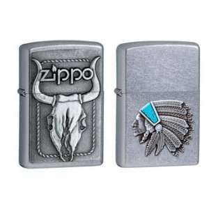  Zippo Lighter Set   Bull Skull and Native Chief Emblem Set 