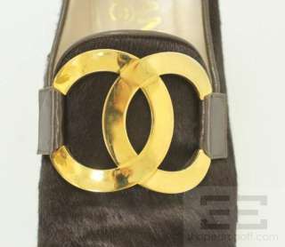 Chanel Brown Pony Hair & Gold CC Low Square Heels Size 38.5  