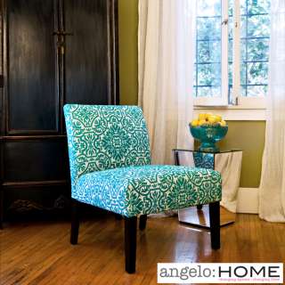   CLASSIC COMFORT TURQUOISE BLUE AND WHITE DAMASK ARMLESS ACCENT CHAIR