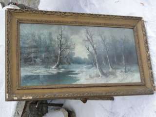 Antique Art Pastel Winter Forest Scene Framed Frisch SIGNED Vintage 