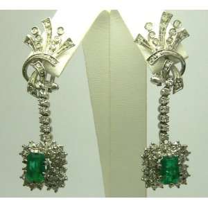   80tcw Radiant Art Deco Colombian Emerald & Diamond Chandelier Earrings