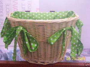 BICYCLE BASKET WICKER WITH LINER GREEN POLKA DOTS NEW  