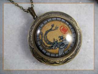 Chinese Phoenix Brass Picture Locket Pendant Necklace  