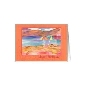  Happy Birthday Beach Umbrellas Blue Water Mountains Card 