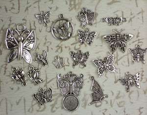 COMBO BUTTERFLIES Pack   36 Assorted Antiqued Silver Butterfly Charms 