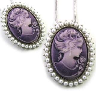 Purple Amethyst Pearl Lady Cameo Charm Pendant Necklace  