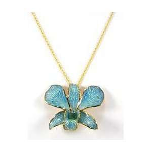  REAL FLOWER Gold Orchid Pendant Necklace Blue & Chain 