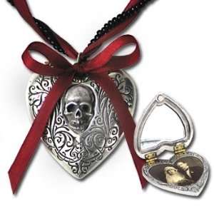   Heart Locket Pendant Necklace with Red Bow and Skull Design Jewelry
