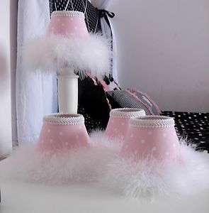 Child Chandelier Lamp Shades Pink White Polka Dots & Fluffy Boa Baby 