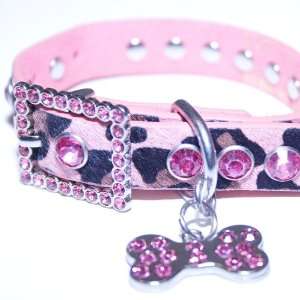 Pink Leather, Animal Print, Rhinestone Dog Collar w/ Bling 