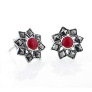   Stud Earrings with Marcasite and Red Coral in Sterling Silver: Jewelry