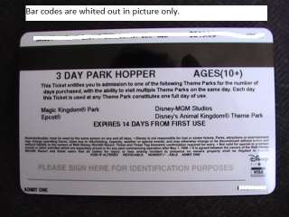 Two(2) Walt Disney World 3 Day Hopper Tickets  