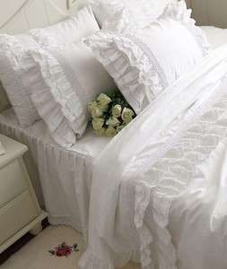 Shabby and Elegant White Embroidery/Lace/Falbala Duvet cover Bedding 
