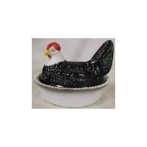  5 Glass Painted Black & White Teal Chicken on Basket 