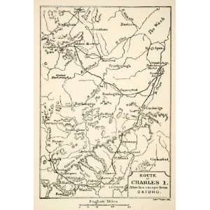  1893 Lithograph Map King Charles I Escape English Civil 