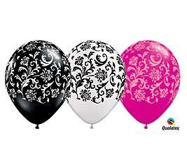 12) 11 DAMASK PATTERNED BLACK, WHITE & PINK LATEX BALLOONS party 