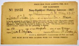   OF NEW HAMPSHIRE NON RESIDENT FISHING LICENSE 1927 VINTAGE  