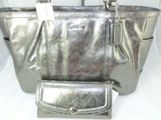 Coach Gallery Leather Large E/W Tote & Matching Wallet Sv/Pewter NWT 