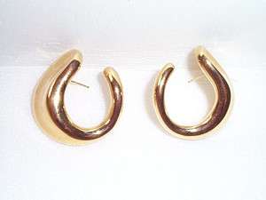 Givenchy Vintage Modernist Open Hoop Pierced Earrings Glossy Gold Tone 