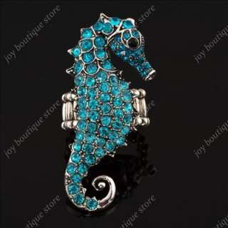 Blue rhinestone crystal seahorse stretch jewelry ring  