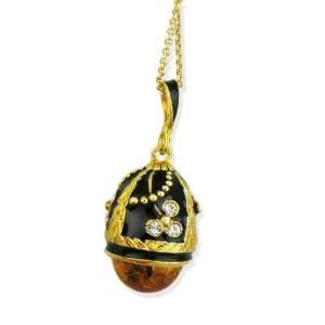   Gold Faberge Style Egg Pendant Amber Swarovsky Crystals Jewelry