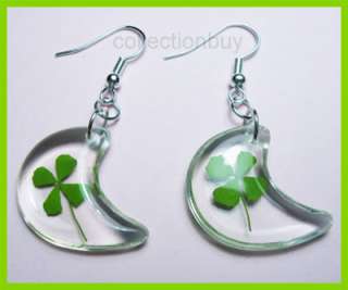 Lucky Irish 4 Leaf Clover Crescent Earrings,silver hook  