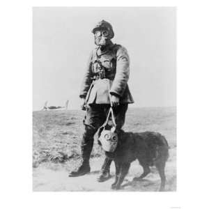  WWI Sergeant and Dog Wearing Gas Masks Photograph Premium 
