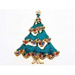   Christmas Tree Holiday Gold Tone Crystal Rhinestone Cute Pin Brooch