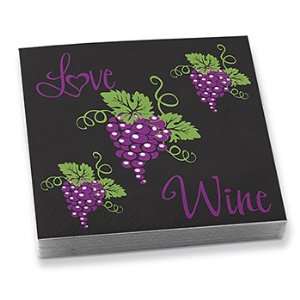  Imprinted Love & Wine with Grape Design Napkin   Pack of 