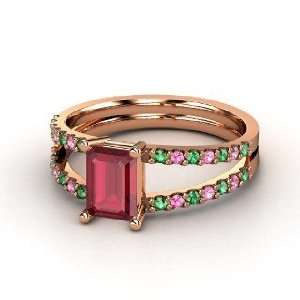 Samantha Ring, Emerald Cut Ruby 18K Rose Gold Ring with Emerald & Pink 