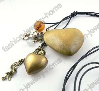   Wood Heart Sun Flower Multi Pendant Leather Chain Necklace  