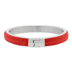   Thin Red Leather & Stainless Steel Cuff Bracelet with Magnetic Lock