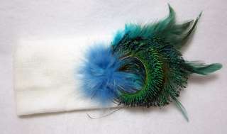   Winter Knit Ear Warmer Headband with Peacock Feathers and Fur  
