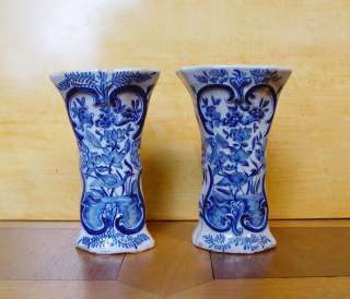 Nice Pair of Dutch Delft Vases Birds Ca. 1800 Marked  