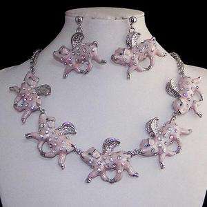 Pink Piggy When Pigs Fly Earring Necklace Swarovski Crystal  