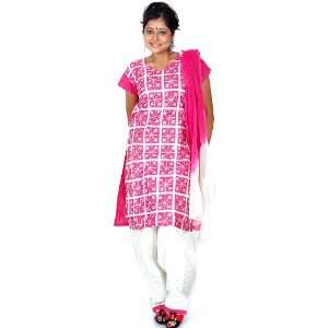 Pink and White Salwar Kameez Suit with Sequins and Embroidery   Pure 